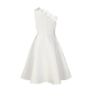 Detailed view of white one-shoulder ruffled neckline and fitted waist on an A-line dress