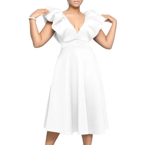 Elegante vestido blanco con escote en V profundo, mangas con volantes y falda evasé