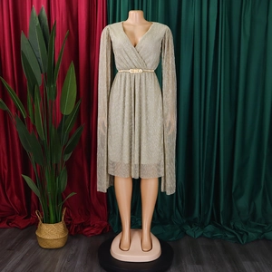 Close-up of pleated champagne gown with V-neck, cape sleeves and a gold geometric belt