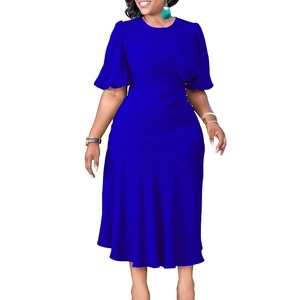 Elegant royal blue midi dress with puff sleeves and ruched waist for a slim fit