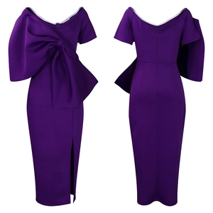 Vorder- und Rückseite eines lila Partykleids mit großer Schleife und Schlitzdetail