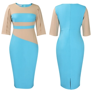 Detail of color-block slim fit dress with back invisible zipper and split hemline