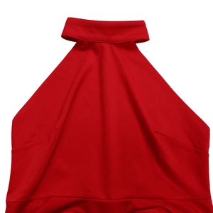 Detail of red halter neck top showing high collar stitching and smooth fabric texture