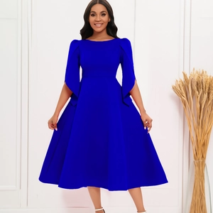 Detail of royal blue A-line dress with elegant flutter sleeves and high waist design