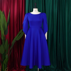 Detailed view of elegant royal blue A-line dress with chic flared slit sleeves and round neck