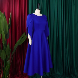 Detail of royal blue A-line dress with elegant split cape sleeves and a round neck