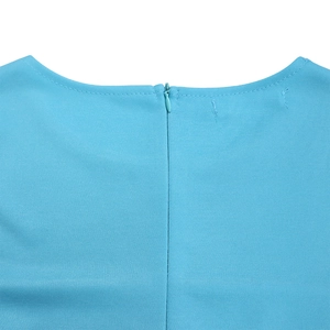 Detail of cyan plus size dress featuring round neckline and neat invisible back zipper