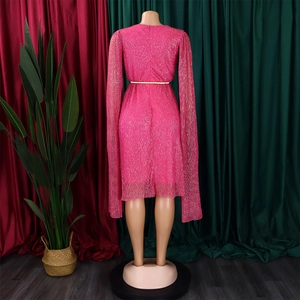 Rear view of pink sequin dress with long cape sleeves and a thin gold belt detail