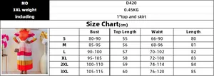 Detailed size chart for pleated printed top and skirt set with measurements from S to 3XL