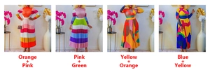 Collage of four color options for pleated long sleeve dresses with vibrant color-blocking