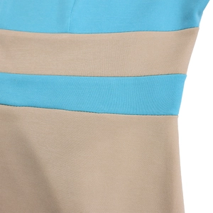 Detail of blue and khaki contrast stitching on ribbed knit fabric for plus size dress