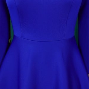 Detail of royal blue cocktail dress showing the high waist seam and premium stitching