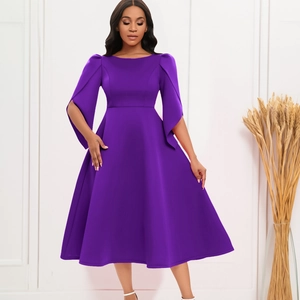 Close-up of elegant purple A-line dress featuring stylish cape sleeves and round neck