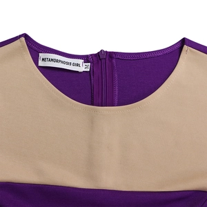 Close-up of neckline showing purple fabric with beige contrast and zipper detail
