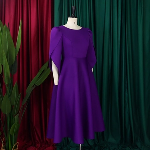 Side view of elegant purple African midi dress with flared sleeves and flared skirt hem
