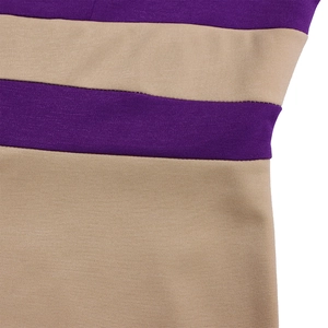 Close-up of the purple and beige striped ribbed knit fabric showing texture and seams