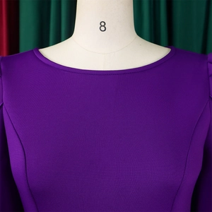 Detailed close-up of dark purple knit dress neckline showing premium stitching and texture