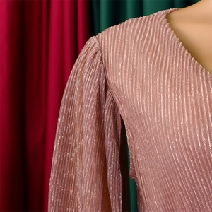 Close-up of pleated metallic fabric with V-neckline and puffed cape sleeve detail