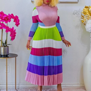 Detailed view of colorful striped pleated skirt with elegant high-waist knit design