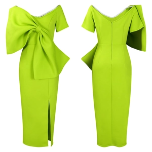 Detailansicht von vorne und hinten: neon-grünes schulterfreies Kleid mit Riesenschleife