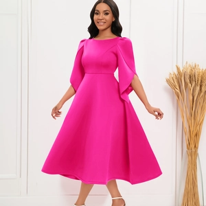 Detailed view of elegant hot pink A-line dress with unique cape-style slit long sleeves