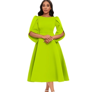 Detail view of the lime green A-line dress with stylish split wide sleeves and waist cut