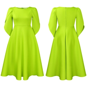 Front and back view of fluorescent green A-line dress with elegant puff sleeves