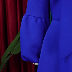 Detailed view of royal blue puff sleeves and dense fabric texture on a formal dress