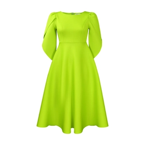 Detailed view of the neon green A-line dress with puff sleeves and invisible back zipper