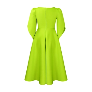 Detail of neon green A-line dress with bubble sleeves and high-quality bell cuffs