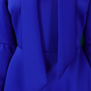 Detailed view of royal blue puff sleeve dress with a large lapel and waist tie detail