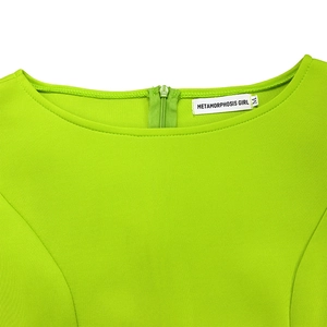 Close-up of grass green dress back neckline with matching invisible zipper and round collar