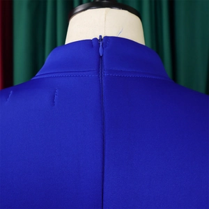 Detail shot of the royal blue dress featuring a high collar and invisible back zipper