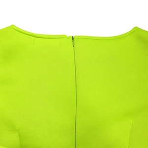 Detail of lime green dress showing crew neck and invisible zipper back closure