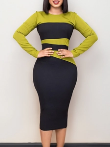 Donna Elegante Blocco di Colore Bodycon Midi Abito Girocollo Manica Lunga Giuntato Matita Abito per Ufficio Affari Pendolarismo Moda Taglie Forti