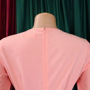 Detail of pink long-sleeve dress showing the hidden back zipper and waist tailoring