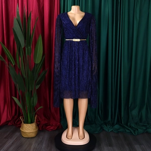 Detail of navy V-neck dress with glitter fabric, cape sleeves and golden metal belt