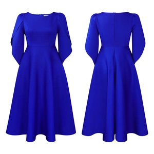 Royal blue long-sleeved A-line dress with puff sleeves and invisible back zipper