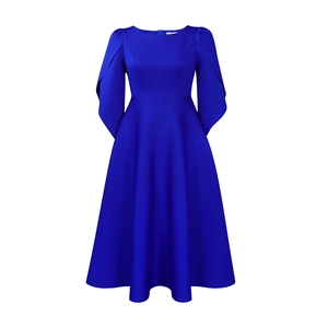 Elegant royal blue dress featuring chic split mid-length sleeves and flared A-line silhouette