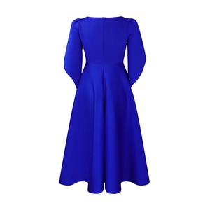 Back view of elegant royal blue maxi dress with high waist and concealed back zipper