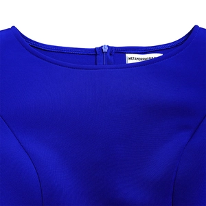 Detail of the high collar with invisible zipper and label on the royal blue evening dress