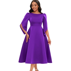 Detailed view of split puff sleeves and waist design on an elegant purple A-line dress