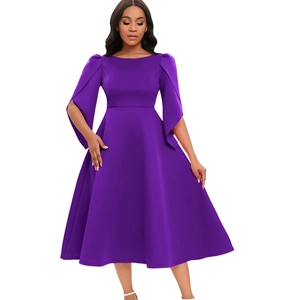 Detail of elegant purple A-line dress featuring stylish split bell sleeves and round neck