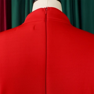 Detail of red lantern sleeve dress featuring hidden back zipper and high stand collar