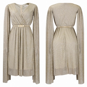 Macro detail of V-neck champagne gold pleated dress with cape sleeves and metallic belt