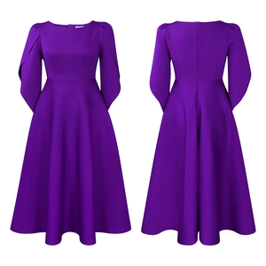 Front and back detail of a deep purple A-line evening dress with unique sleeve draping