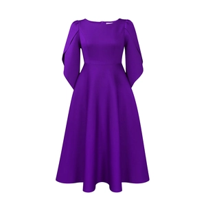 Detailed view of elegant purple dress showing double-layered bell sleeves and waist design
