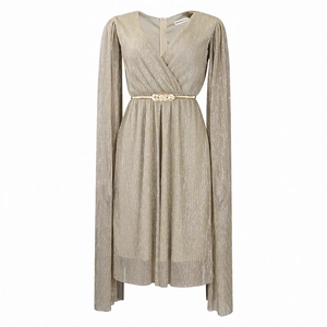 Detail of champagne gold pleated dress featuring elegant cape sleeves and V-neckline