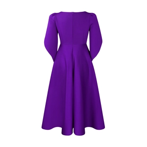 Detail view of the purple long sleeve midi dress showing the hidden back zipper and full hem