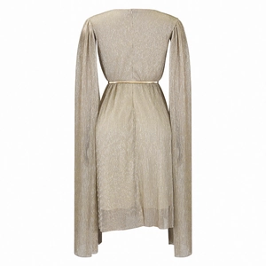 Detail of champagne gold pleated maxi dress featuring elegant cape sleeves and tied waist